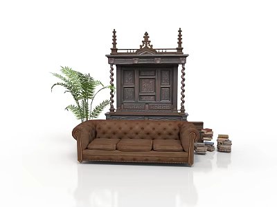 Classic Brown Sofa With Ornate Wooden Decorative Furniture Green Plant And Stacked Books 3d model