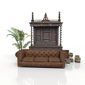 Classic Brown Sofa With Ornate Wooden Decorative Furniture Green Plant And Stacked Books