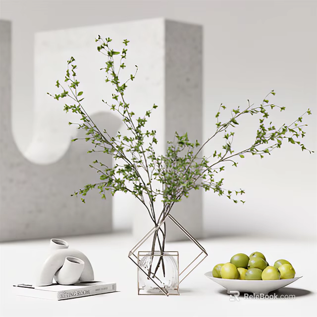 Modern Decorative Ornament Set With Transparent Geometric Vase Green Branches White Ceramic And Limes 3d model 