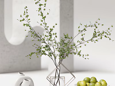 Modern Decorative Ornament Set With Transparent Geometric Vase Green Branches White Ceramic And Limes 3d model