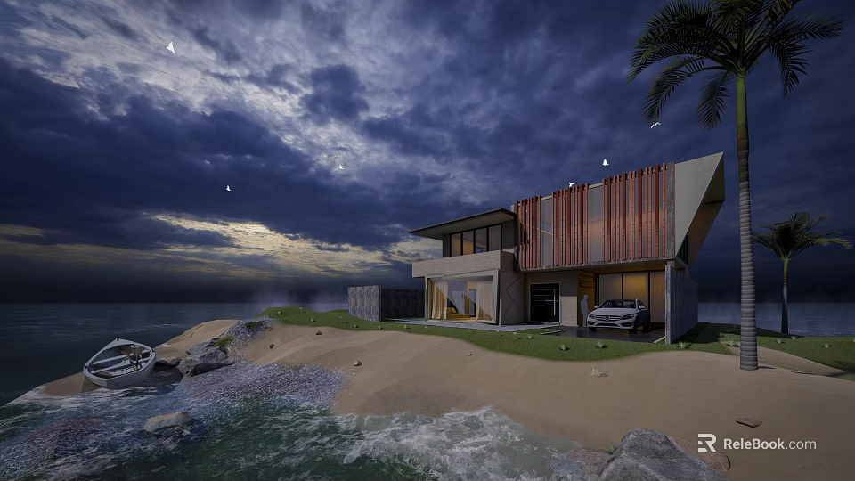 Modern Detached Coastal Villa On Beach With Palm Tree Car And Ocean Waves 3d model 