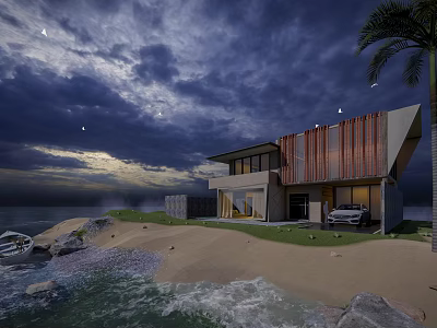 Modern Detached Coastal Villa On Beach With Palm Tree Car And Ocean Waves 3d model