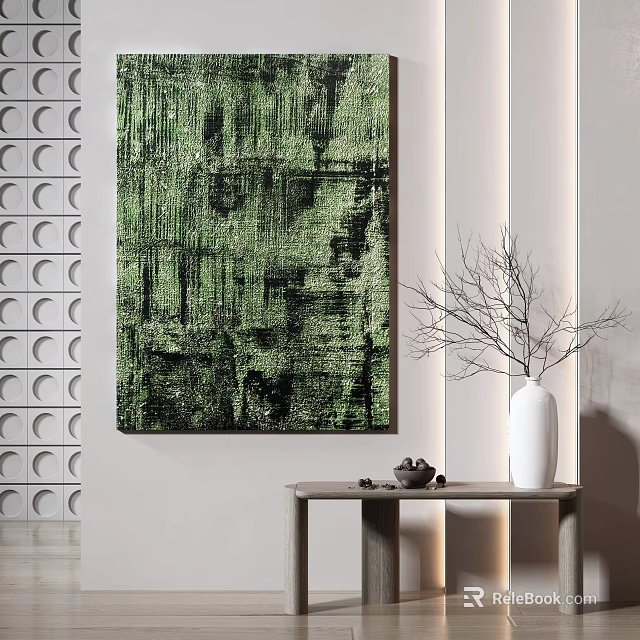 Abstract Green Painting With White Vase Branch Tea Set And Circular Wall Decor On Table 3d model 