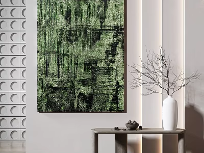 Abstract Green Painting With White Vase Branch Tea Set And Circular Wall Decor On Table 3d model