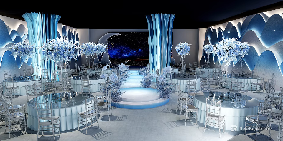Elegant Blue Banquet Hall With Starry Backdrop Decorative Columns And White Flowers 3d model 