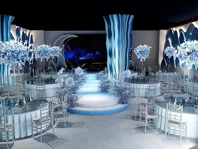 Elegant Blue Banquet Hall With Starry Backdrop Decorative Columns And White Flowers 3d model