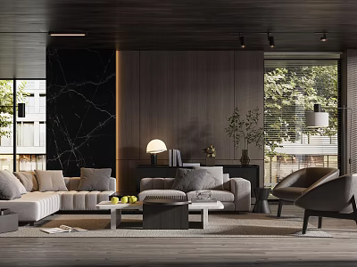 Modern Living Room Interior With Sofa Coffee Table Marble Accent Wall And Natural Light 3d model