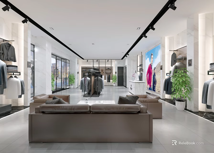 Modern Clothing Store Interior With Display Racks Sofas Green Plants And Lighting 3d model 