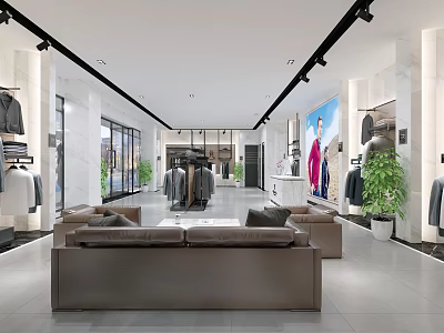 Modern Clothing Store Interior With Display Racks Sofas Green Plants And Lighting 3d model