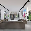 Modern Clothing Store Interior With Display Racks Sofas Green Plants And Lighting