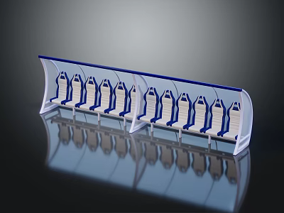 Long Strip Public Chairs With Blue Backrests White Seats On Reflective Floor 3d model