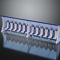 Long Strip Public Chairs With Blue Backrests White Seats On Reflective Floor