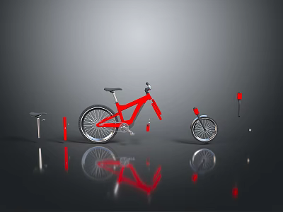 Red Bicycle With Disassembled Parts Including Wheels Seat And Frame On Reflective Surface 3d model