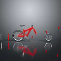 Red Bicycle With Disassembled Parts Including Wheels Seat And Frame On Reflective Surface