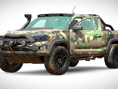 Camouflage Off Road Pickup Truck With Large Tires Front Bumper And Roof Equipment 3d model