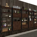Wooden Metal Storage Shelving Unit With Multiple Shelves Drawers And Decorative Items Against Wooden Wall