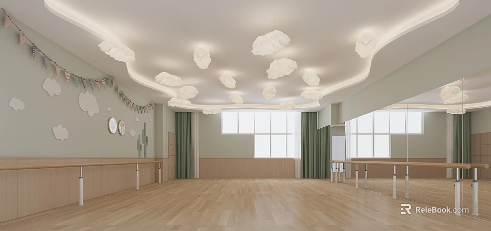 Bright Fitness Dance Studio With Cloud Decor Lights Light Green Walls And Railings 3d model 