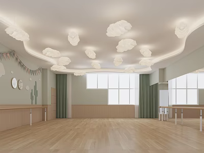 Bright Fitness Dance Studio With Cloud Decor Lights Light Green Walls And Railings 3d model