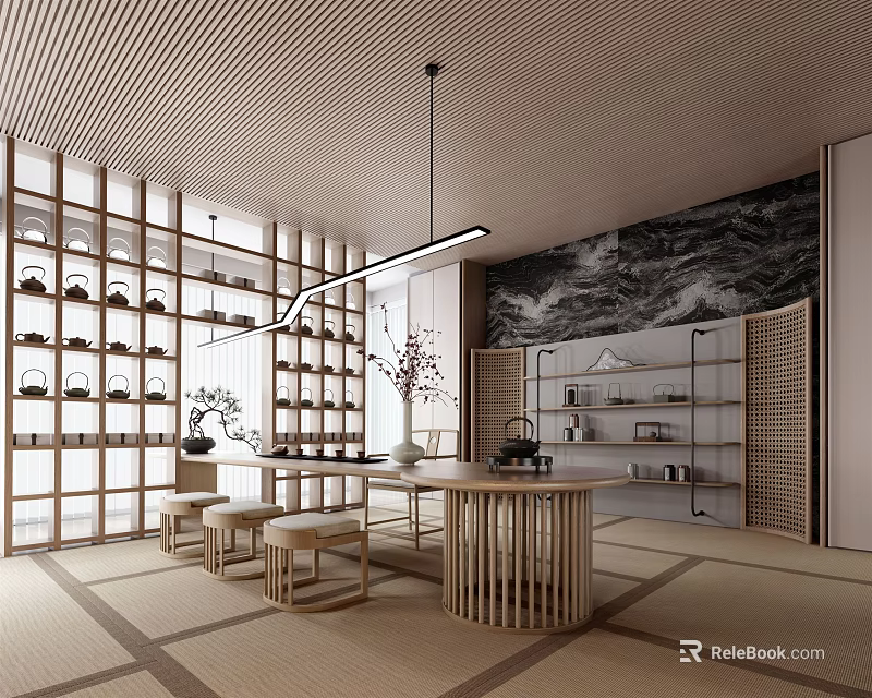 Modern Japanese Tea Room Interior With Wooden Grid Partitions Round Table Stools And Decorative Wall 3d model 