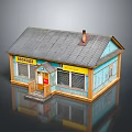 Small Residential House Featuring Gray Roof Chimney Light Blue Walls Double Windows And Red Door