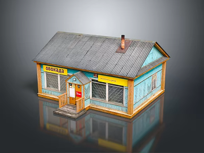 Small Residential House Featuring Gray Roof Chimney Light Blue Walls Double Windows And Red Door 3d model