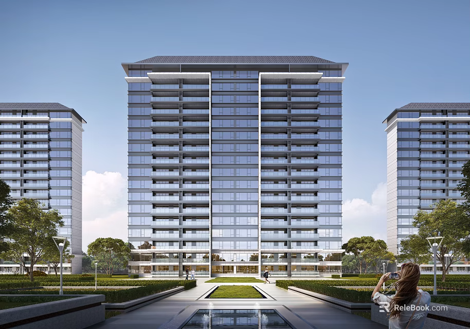 Modern High Rise Residential Building With Glass Curtain Walls And Landscaped Garden Surroundings 3d model 