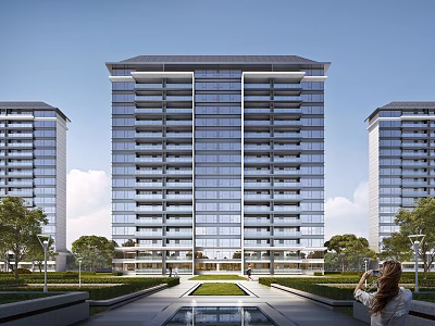 Modern High Rise Residential Building With Glass Curtain Walls And Landscaped Garden Surroundings 3d model