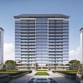 Modern High Rise Residential Building With Glass Curtain Walls And Landscaped Garden Surroundings