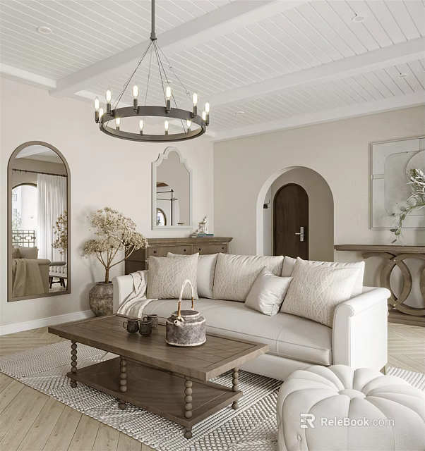 Elegant Modern Living Room Interior With Beige Sofa White Coffee Table Arched Mirror And Chandelier 3d model 