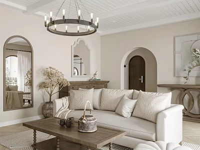 Elegant Modern Living Room Interior With Beige Sofa White Coffee Table Arched Mirror And Chandelier 3d model