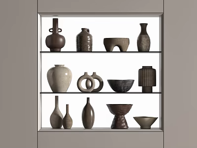 Ceramic Vessels Displayed on Shelves with Various Shapes and Neutral Tones 3d model