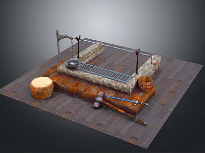 Rustic Wooden Outdoor Cooking Workbench Featuring Grill Wok Log Bucket And Tools 3d model