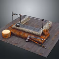 Rustic Wooden Outdoor Cooking Workbench Featuring Grill Wok Log Bucket And Tools