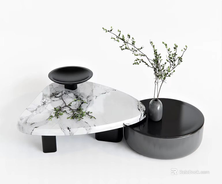 Modern Marble Coffee Table With Triangular And Circular Design Black Base And Green Foliage 3d model