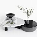 Modern Marble Coffee Table With Triangular And Circular Design Black Base And Green Foliage 3d model