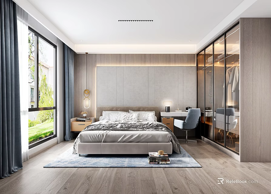 Modern Bedroom Interior With Large Bed Window Curtains Rug Desk And Wardrobe 3d model 