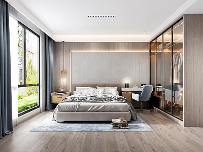 Modern Bedroom Interior With Large Bed Window Curtains Rug Desk And Wardrobe 3d model