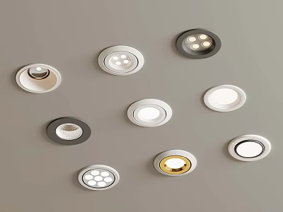 Various Styles Recessed Lights In Different Colors On Gray Wall Background 3d model