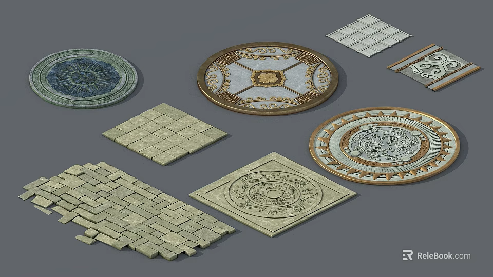 Ornamental Floor Tiles With Circular Square Shapes And Intricate Geometric Patterns 3d model 