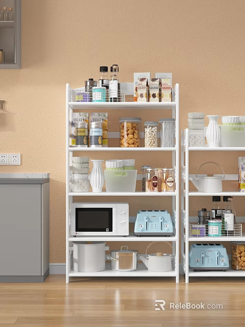 White Modern Kitchen Storage Shelf With Transparent Jars Microwave Toaster And Food Containers 3d model 