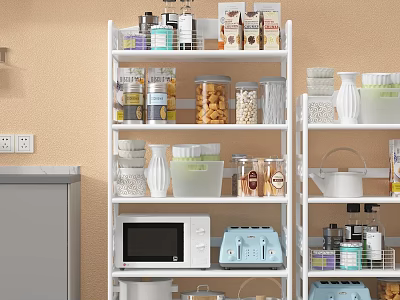 White Modern Kitchen Storage Shelf With Transparent Jars Microwave Toaster And Food Containers 3d model