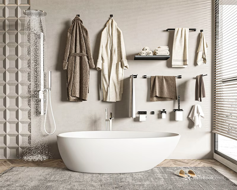 White Freestanding Bathtub in Modern Bathroom with Hanging Towels Robes and Shower Fixture 3d model 