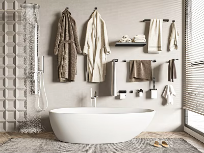 White Freestanding Bathtub in Modern Bathroom with Hanging Towels Robes and Shower Fixture 3d model