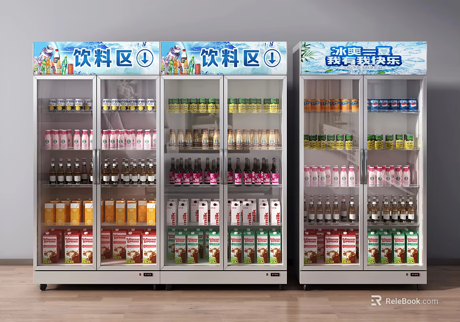 Beverage Display Refrigerators Stocked with Various Bottled and Canned Drinks in Commercial Area 3d model 