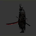 A Man In Traditional Samurai Armor With Horned Helmet Holding Red Glowing Blade
