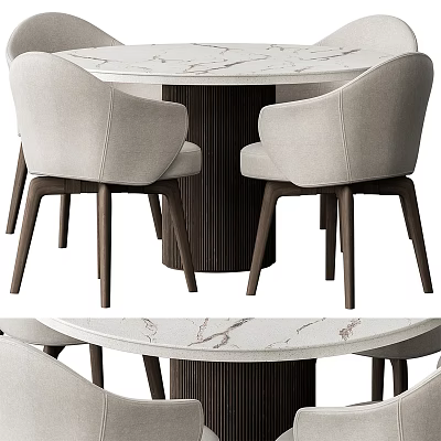 Modern Round Dining Table Set With Marble Top And Light Gray Upholstered Chairs 3d model