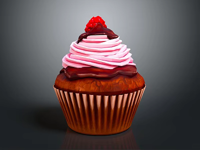 Delicious Cupcake With Pink Swirl Frosting Chocolate Drizzle And Red Berry Topping 3d model