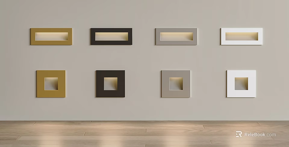 Colorful Rectangular And Square Wall Frames Arranged On Light Colored Wall With Wooden Floor 3d model