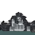 Layered Stone Wood Architectural Structure by Waterfront with Stacked Stones Water Reflection and Blue Sky