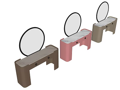Three Modern Dressing Tables with Round Mirrors and Drawers in Brown Pink and Neutral Hues 3d model